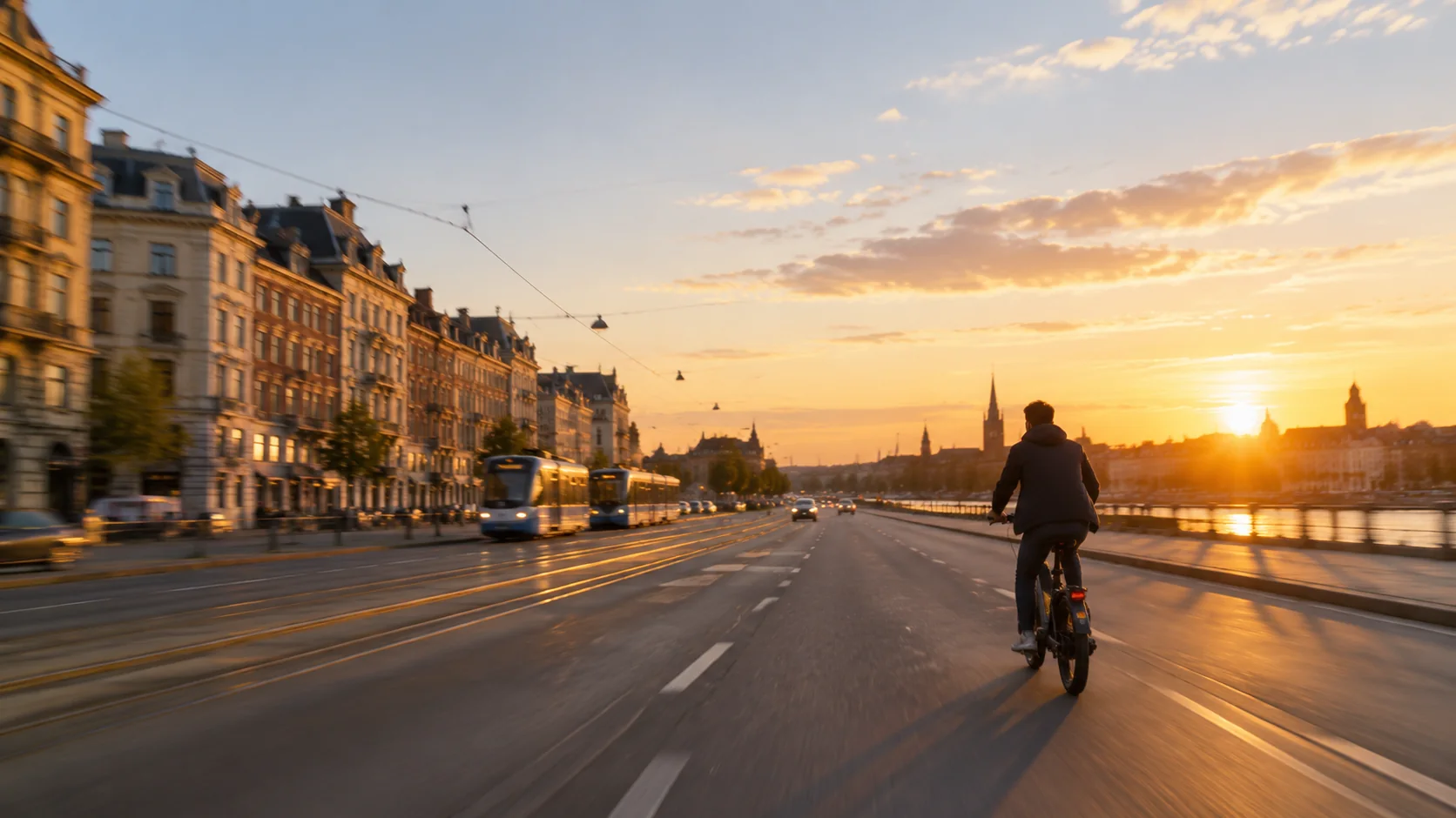 Rider on an electric bike at sunset