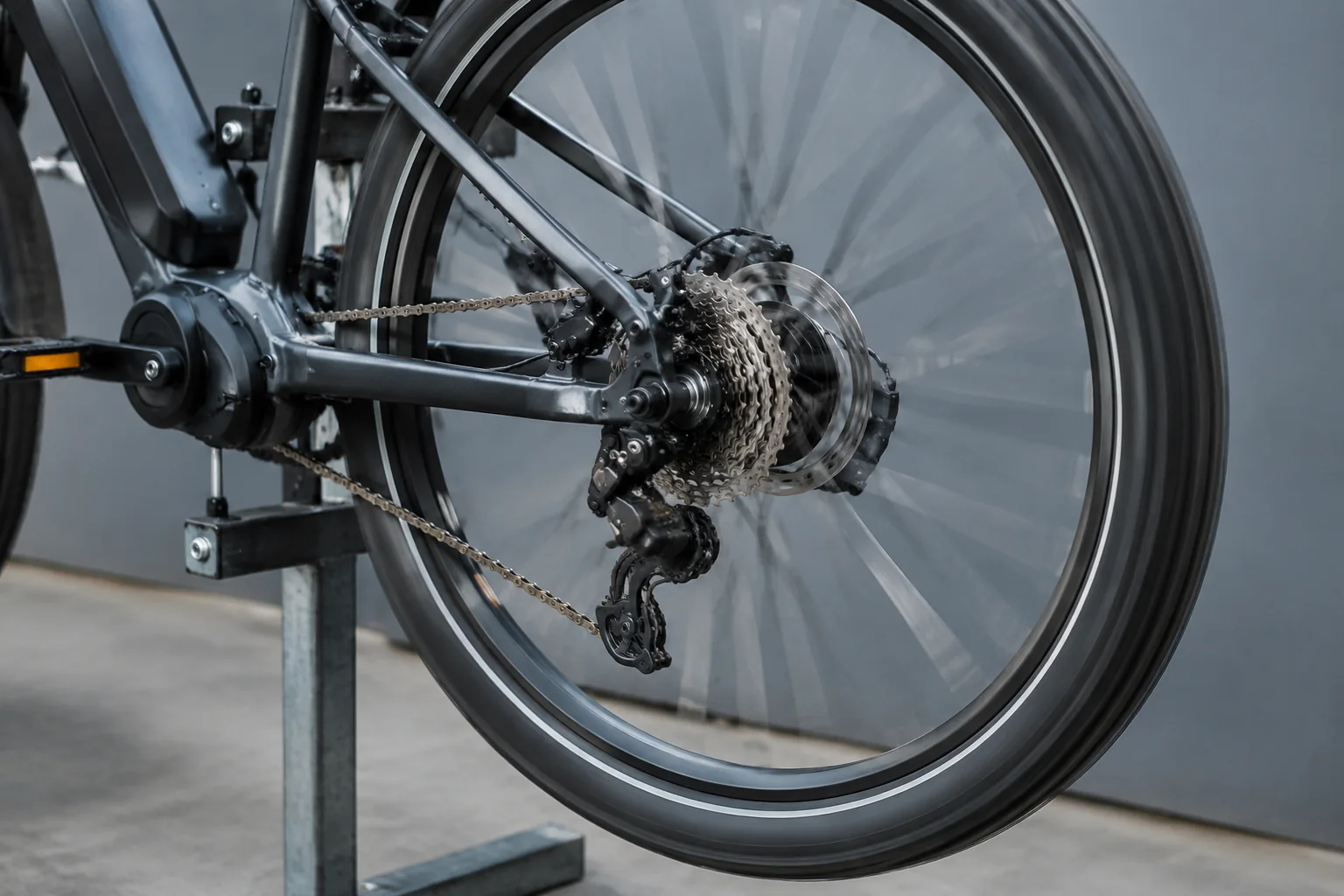 Rear wheel and drivetrain on the stand during inspection