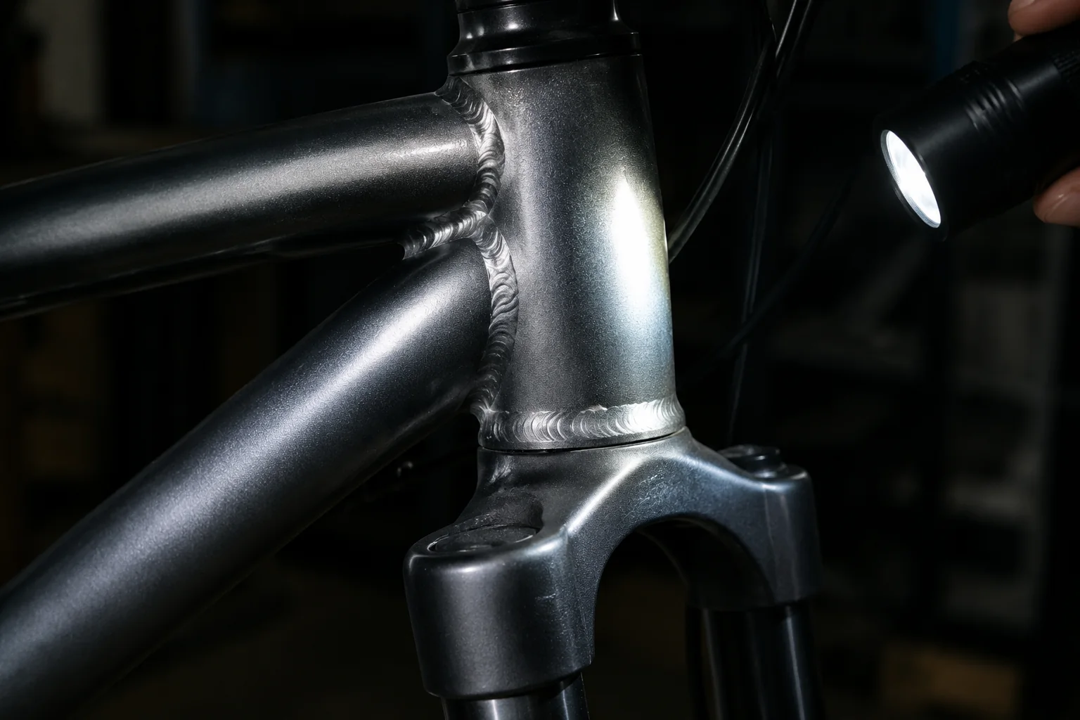 Frame head tube checked under an inspection lamp